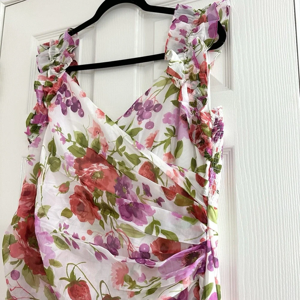 NWT $130 Abercrombie & Fitch Floral Ruffle Strap High-Low Maxi Chiffon Dress 2XL